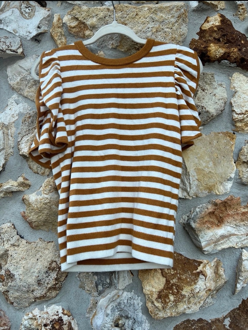 Anthropologie honey/miel striped top with flutter sleeves